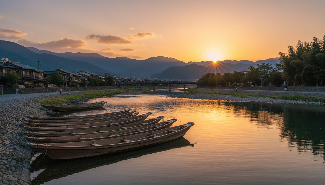 Sunset view over the Katsura River in Arashiyama, traditional wooden boats moored along the bank, mo