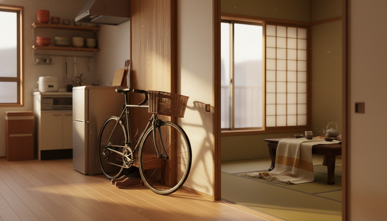 A cozy Kyoto apartment interior with a mix of traditional and modern elementstatami room visible thr
