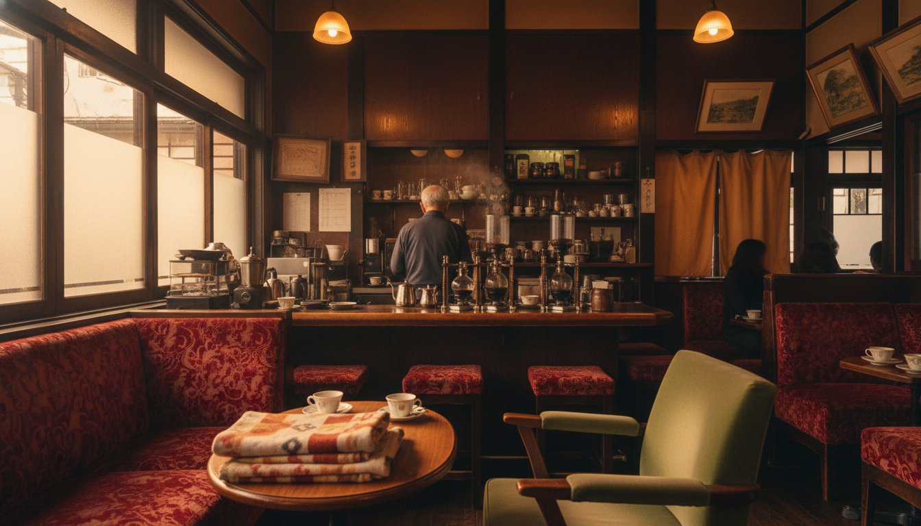 A traditional Kyoto kissaten interior, dark wood, red velvet seats, elderly owner behind counter wit