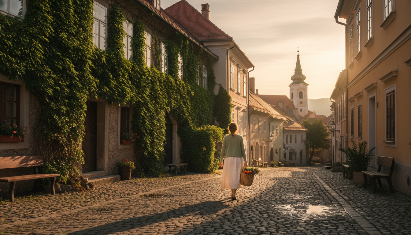 Quiet cobblestone street in Trnovo with ivy-covered townhouses, a woman carrying a market basket, an