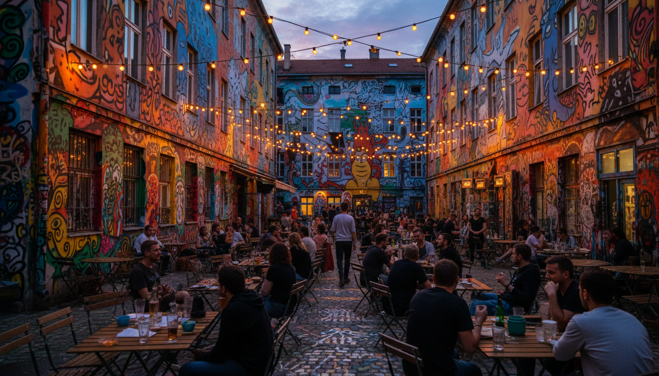 Colorful graffiti-covered buildings of Metelkova at dusk with string lights and people gathering at