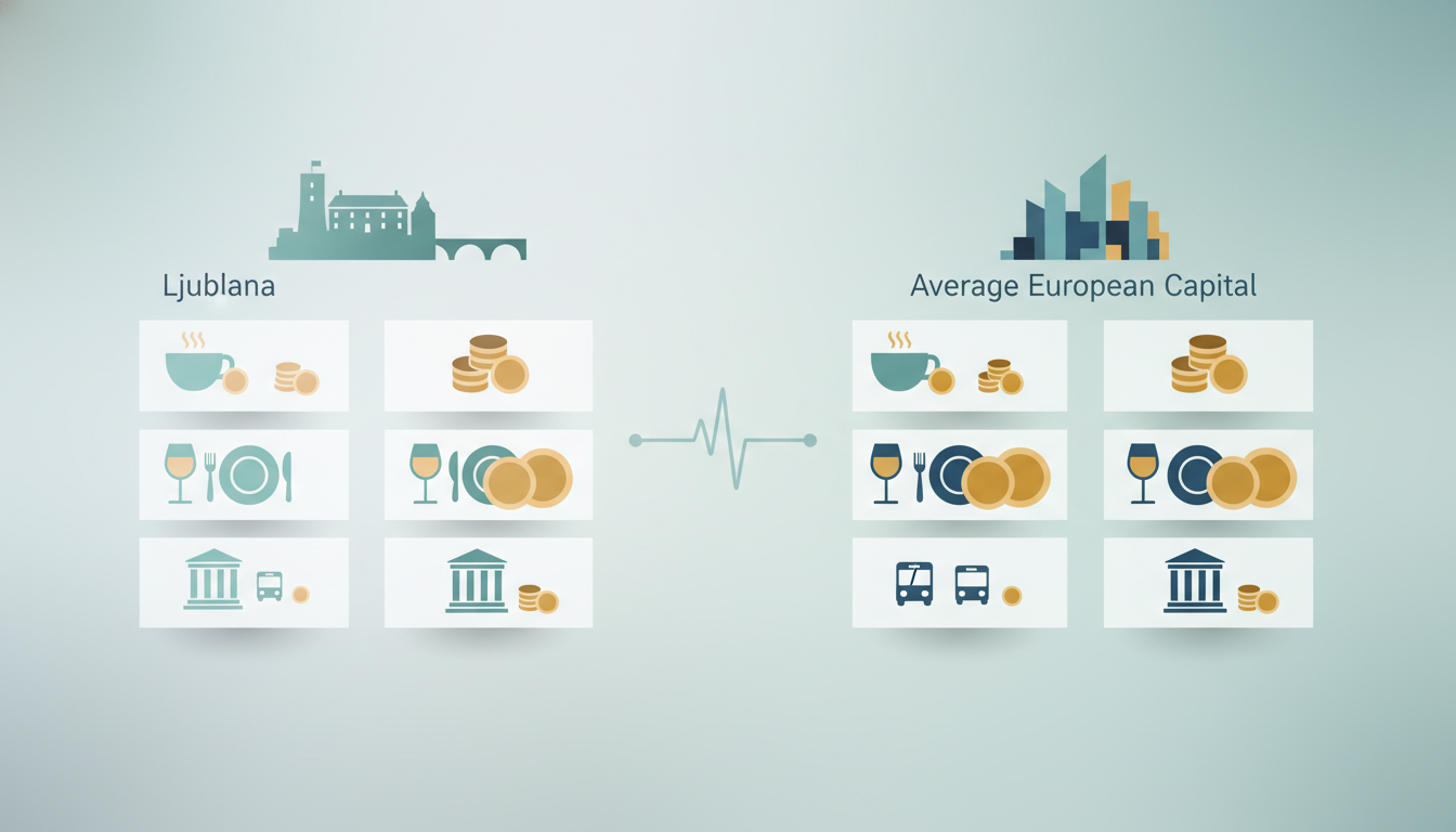 Infographic showing Ljubljana daily costs breakdown coffee 2-3, lunch 8-15, dinner 20-35, public tra