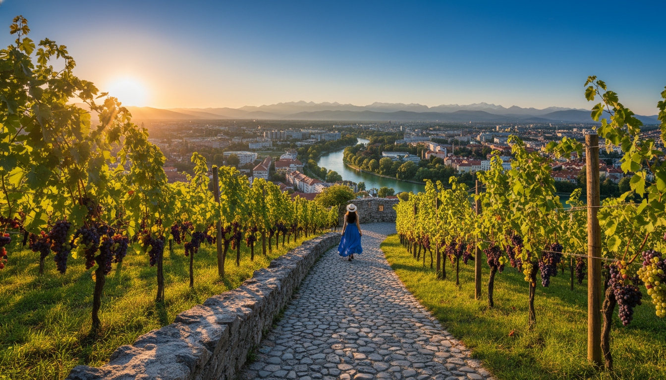 Winding path through Ljubljana Castles vineyard with city views below, grape vines on either side, a