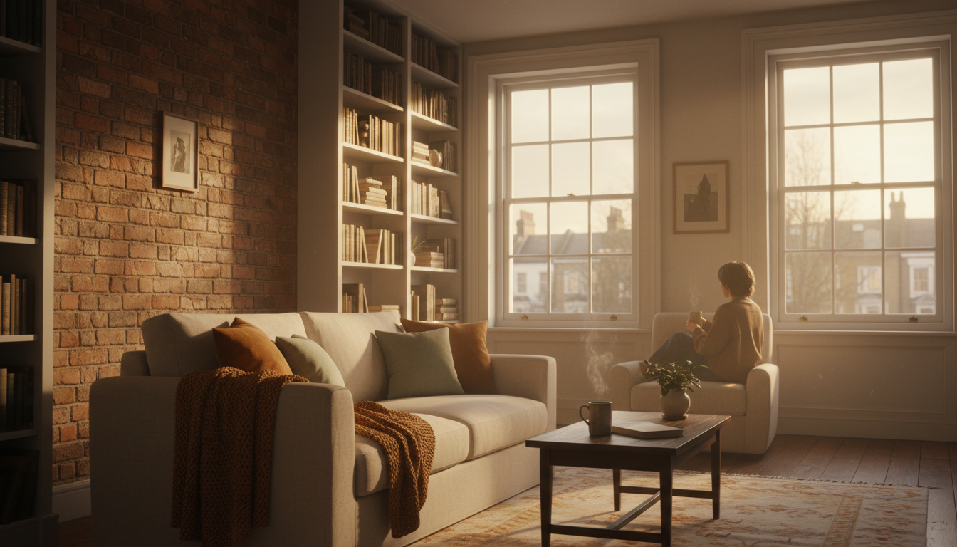 Cozy London flat interior with exposed brick, floor-to-ceiling bookshelves, and soft afternoon light