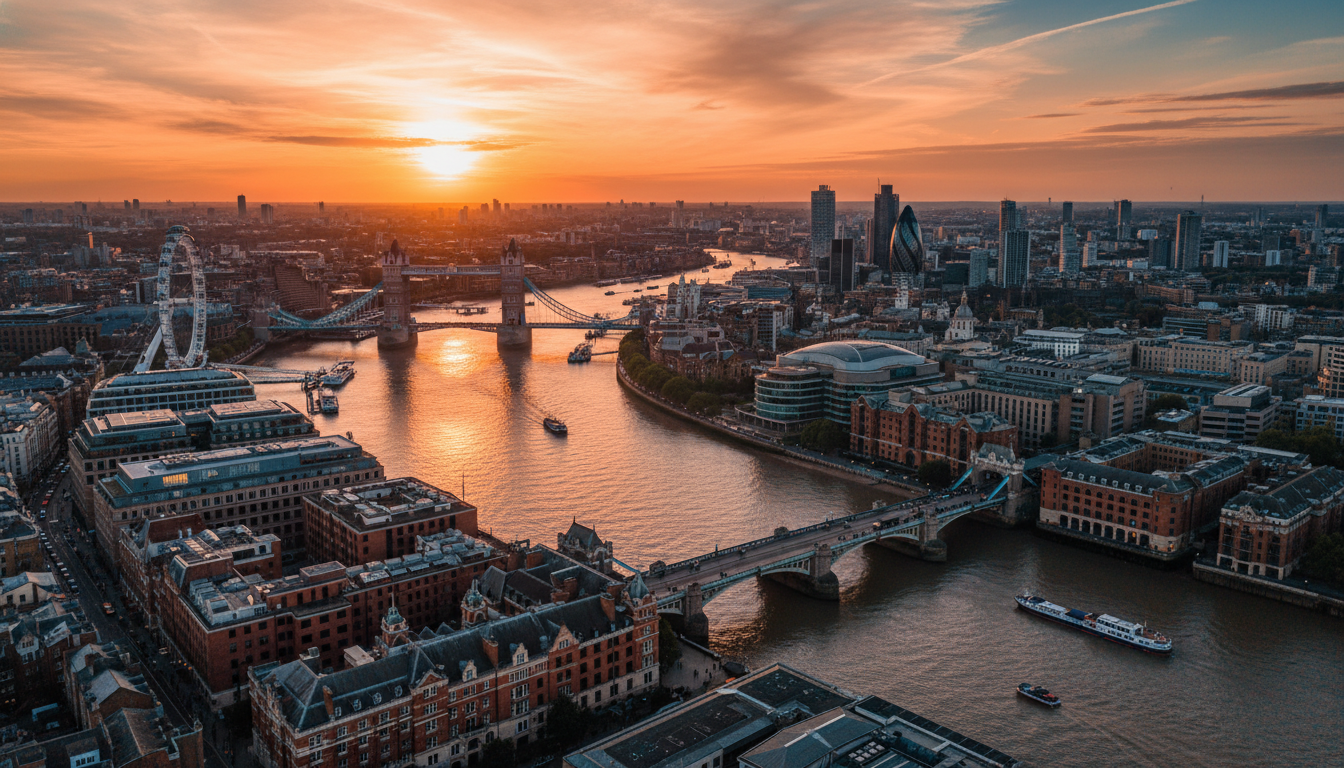 Aerial view of Londons South Bank at golden hour, showing the Thames, Tower Bridge in the distance,