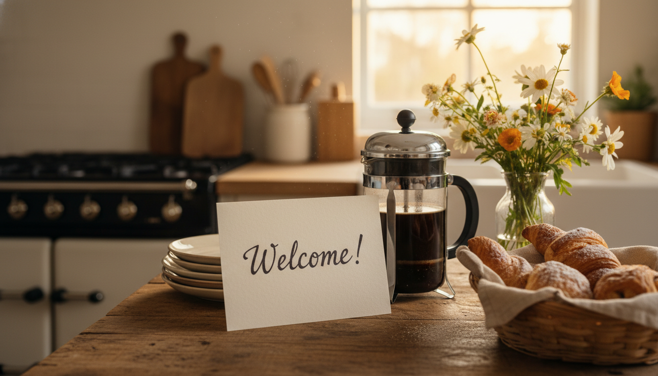 Handwritten welcome note on a kitchen counter next to a French press, fresh pastries, and a small va
