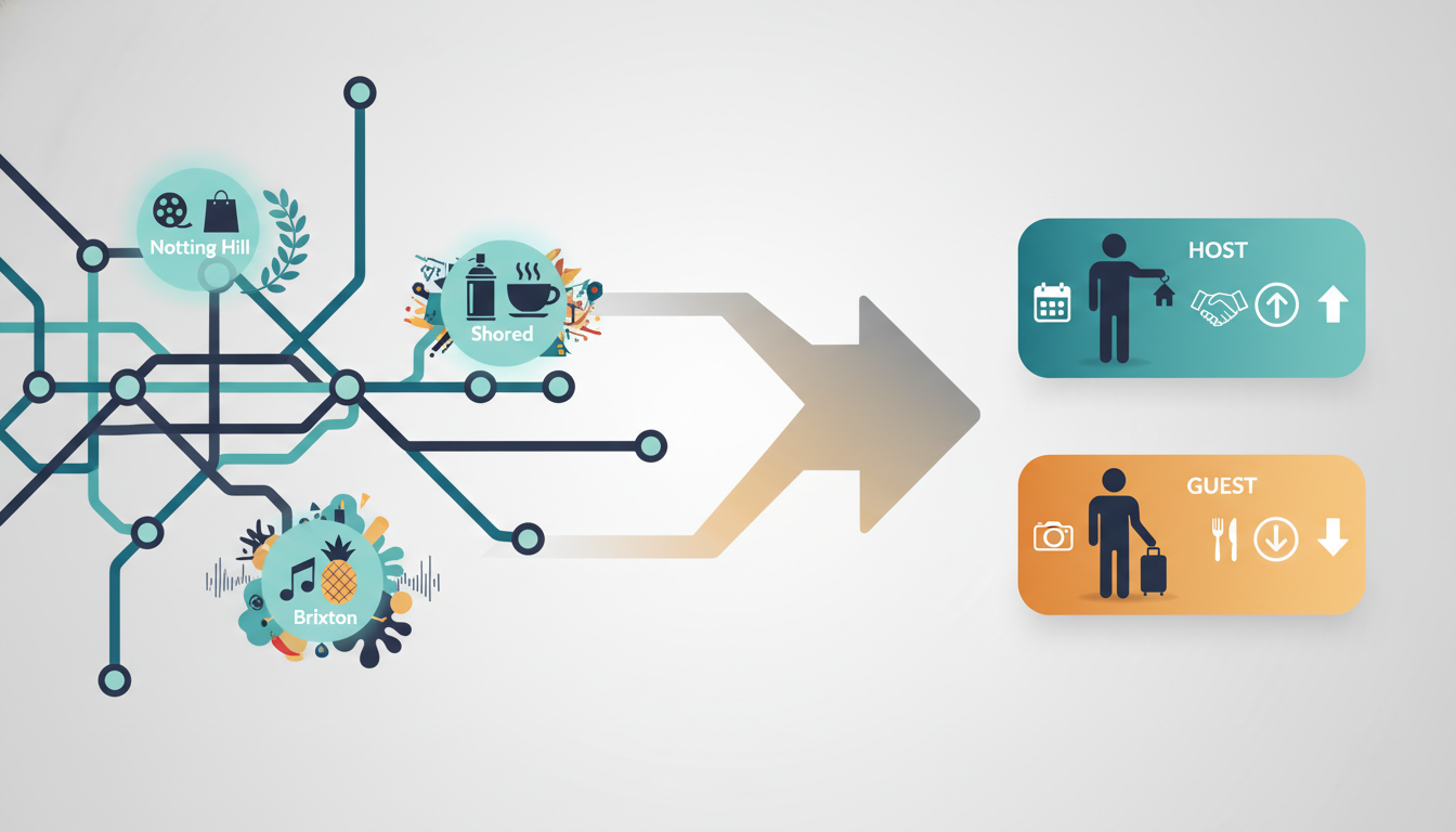 Infographic showing a simplified London Tube map with neighborhood descriptions overlaidNotting Hill