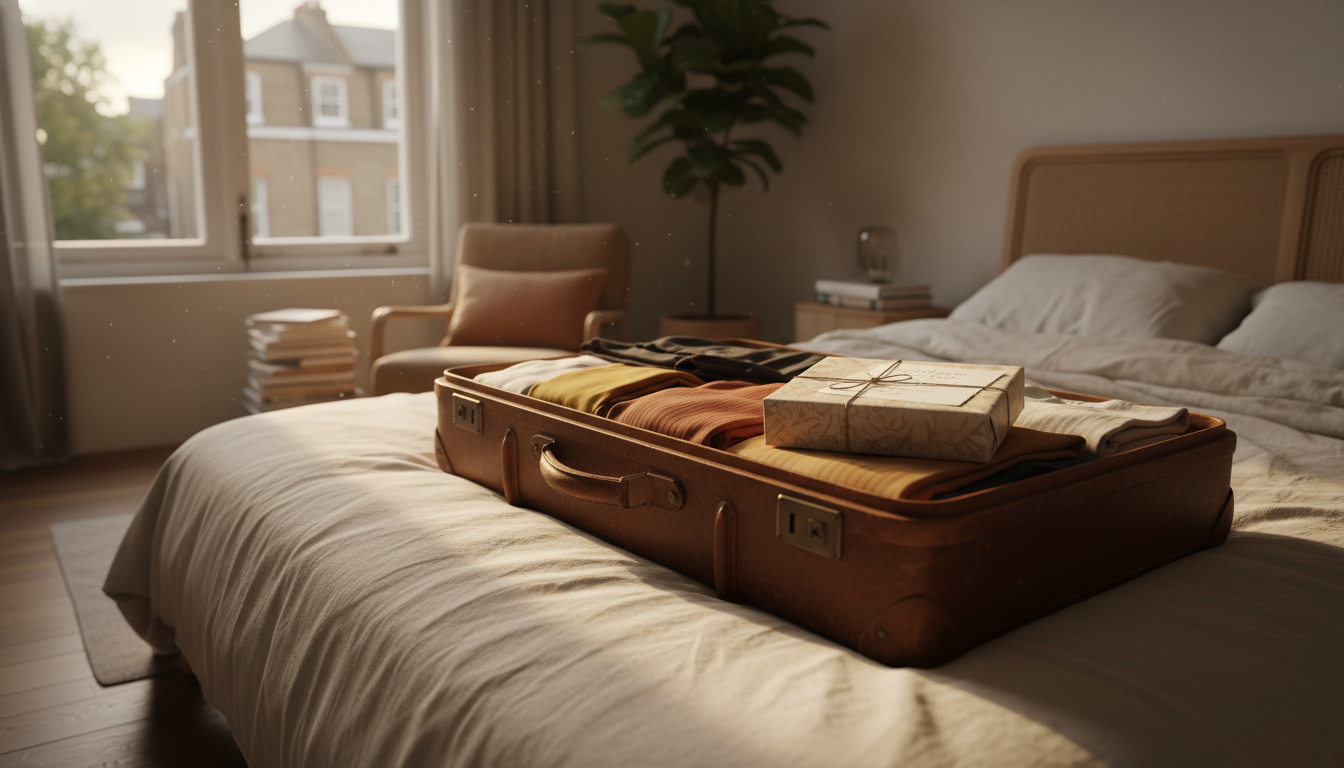 A guests suitcase open on a bed in a London flat, with a small wrapped gift and handwritten card vis