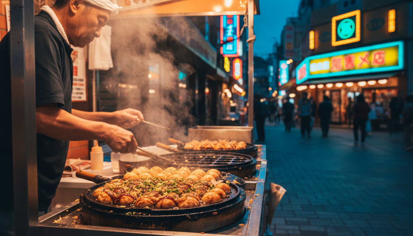 steam rising from a takoyaki stand in Shinsekai at dusk, golden octopus balls glistening with sauce,