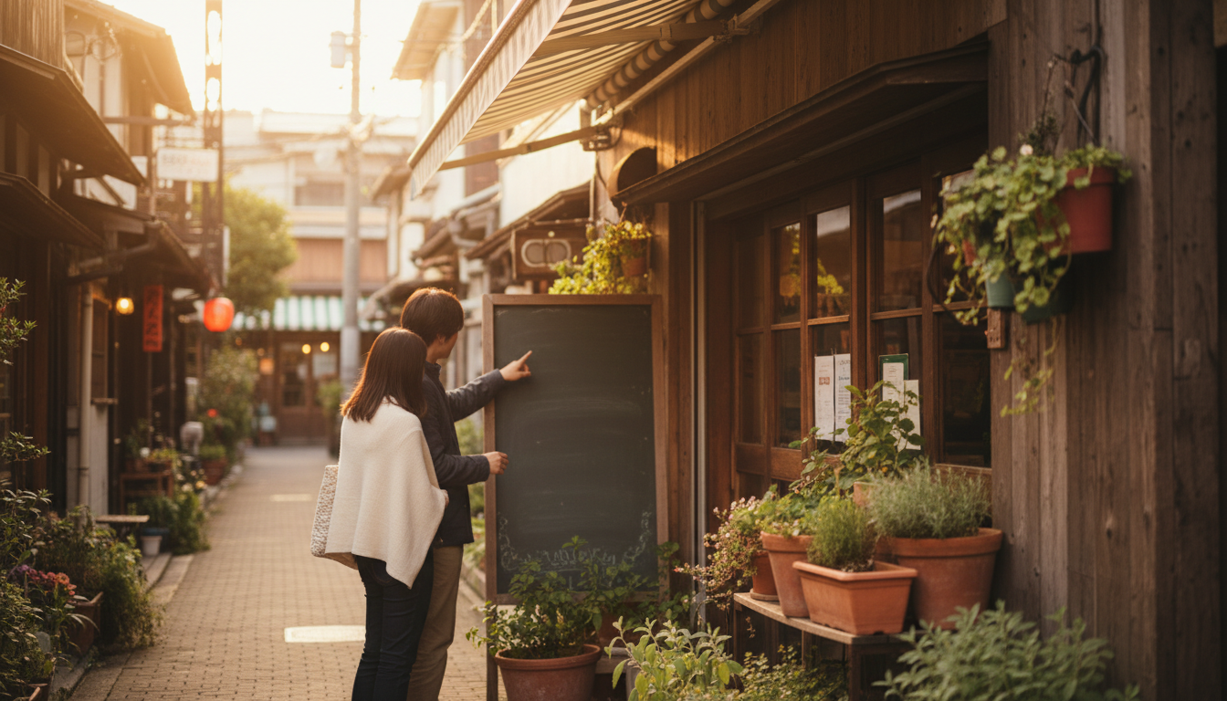 narrow pedestrian street in Nakazakicho with vintage cafes, potted plants outside wooden storefronts