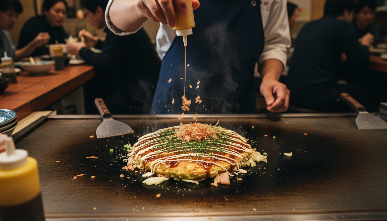 overhead shot of an okonomiyaki on a hot griddle, toppings being added by chefs hands, steam and siz