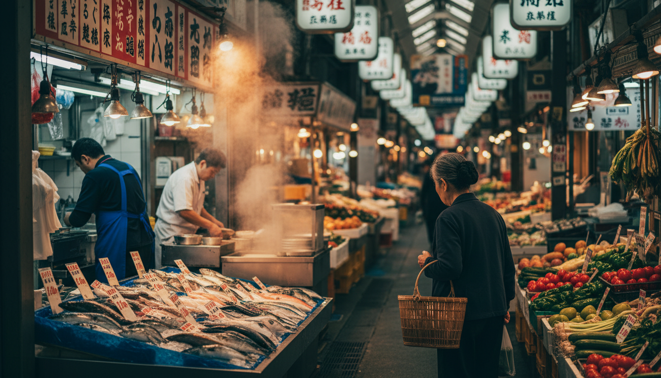 early morning at Kuromon Market, vendor arranging fresh fish on ice, steam rising from nearby food s