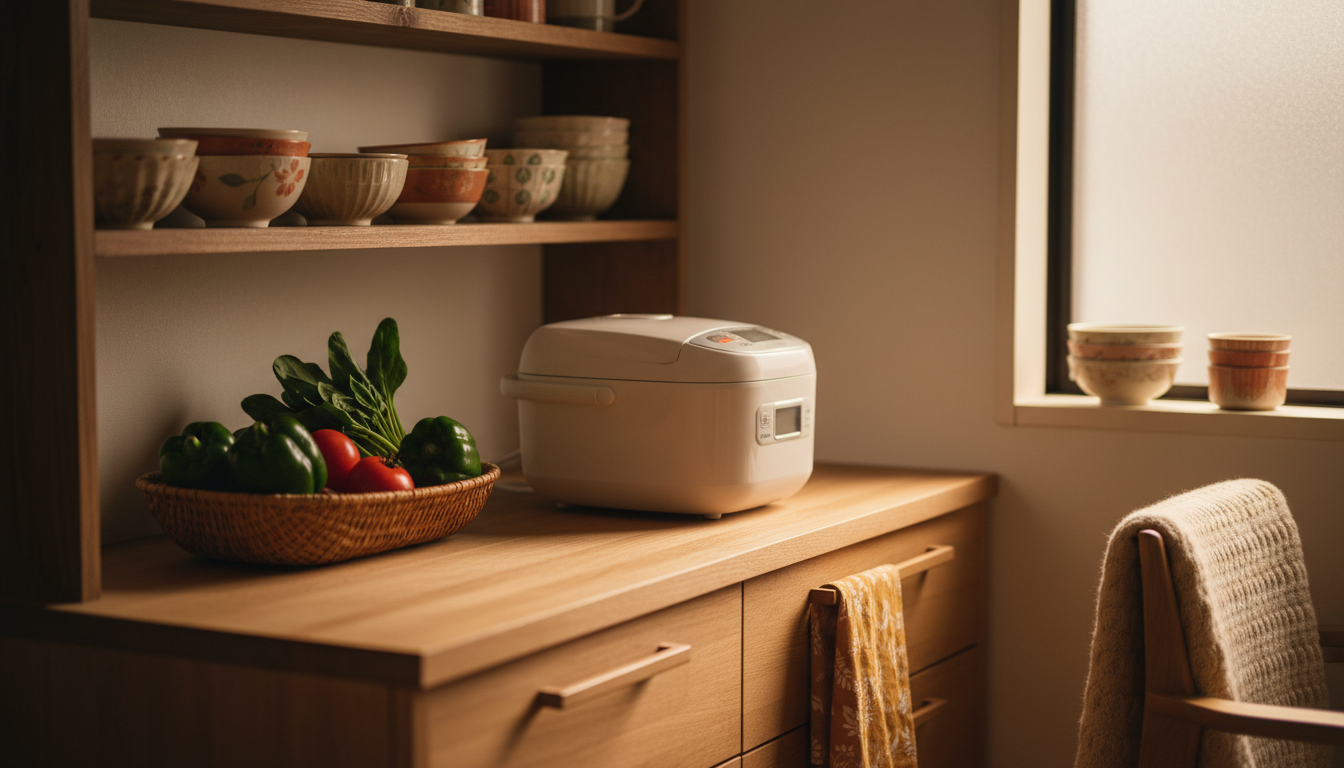 cozy Japanese apartment kitchen with rice cooker on counter, small window with morning light, tradit