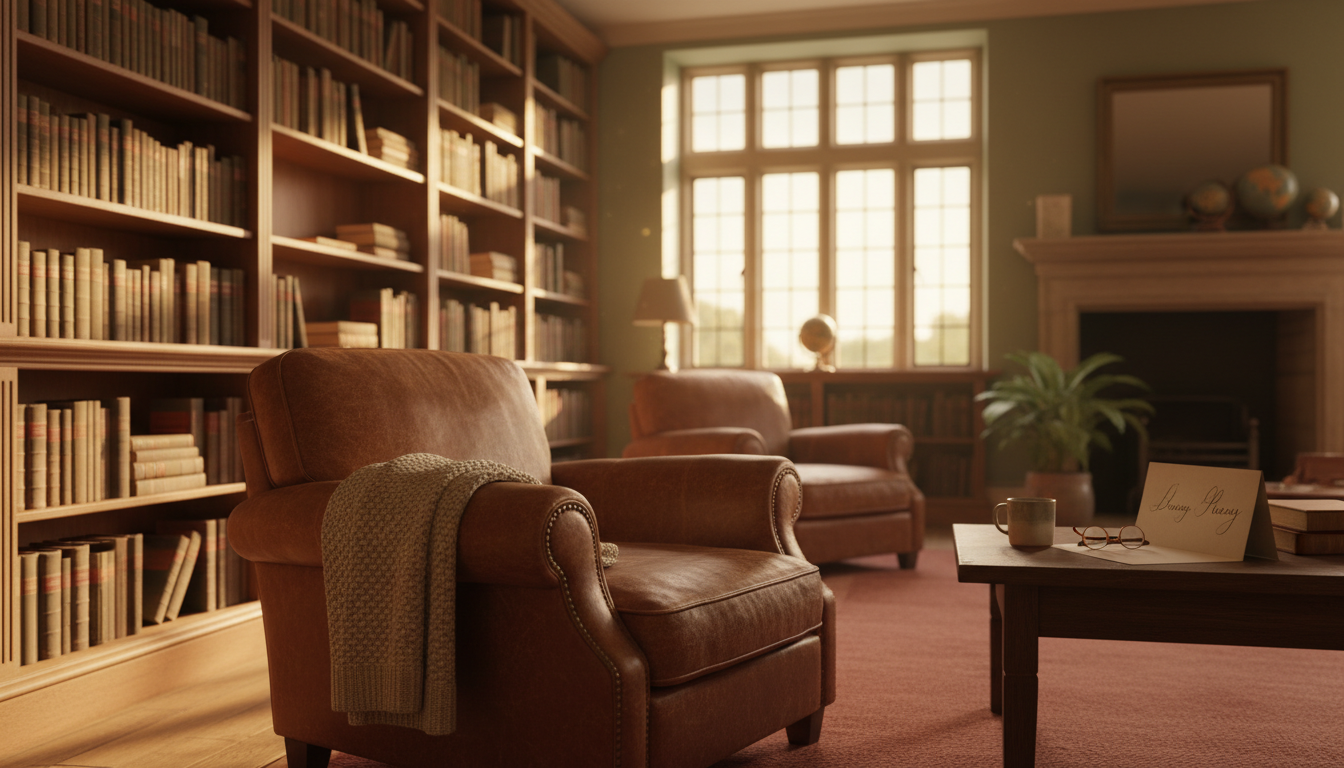 A cozy Oxford living room with built-in bookshelves, a worn leather armchair, afternoon light stream