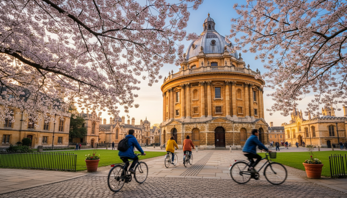 Oxfords Radcliffe Camera at golden hour in spring, with cherry blossoms framing the shot and student