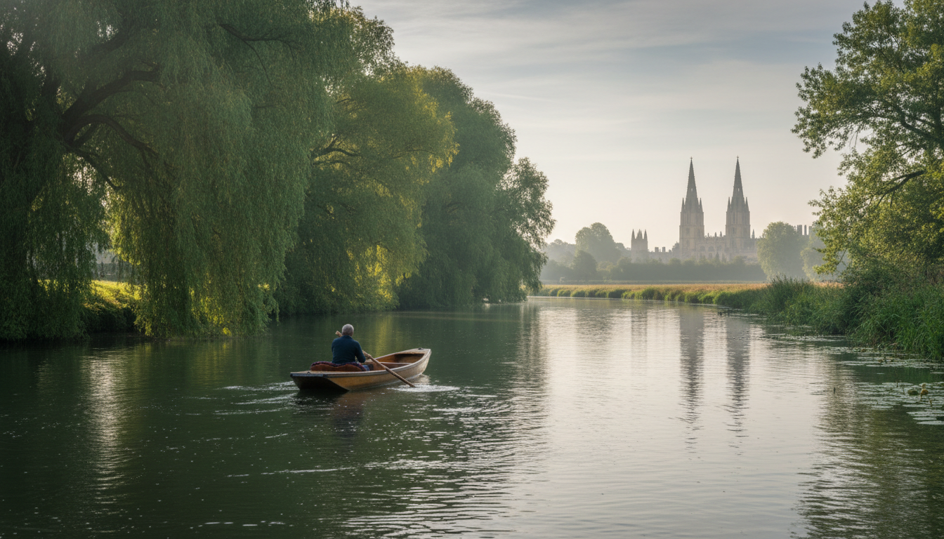 A wooden punt gliding down the River Cherwell, dappled sunlight through willow trees, with the spire