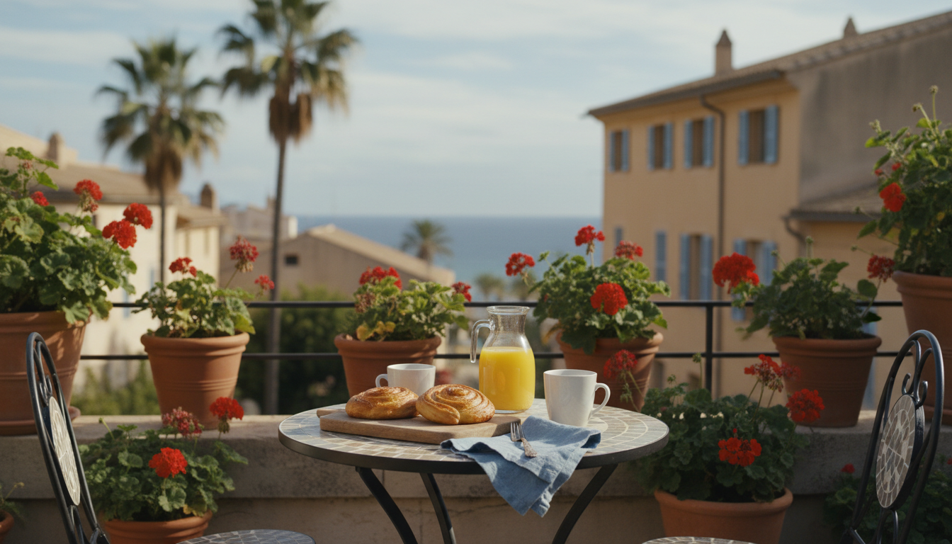 Sunny terrace of a Mediterranean apartment in Palmas Santa Catalina neighborhood, with terracotta po