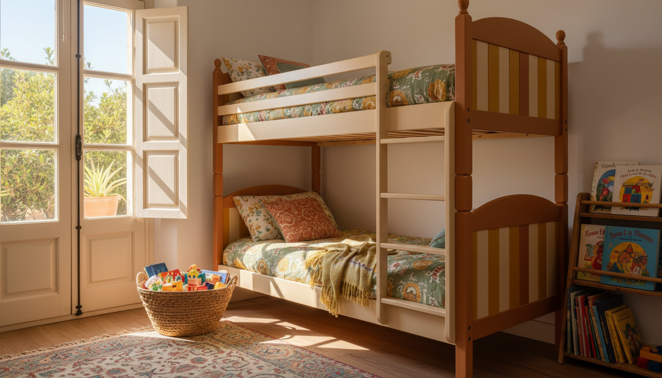 Bright childrens bedroom in a Mallorcan home with colorful bunk beds, a basket of toys, and a small