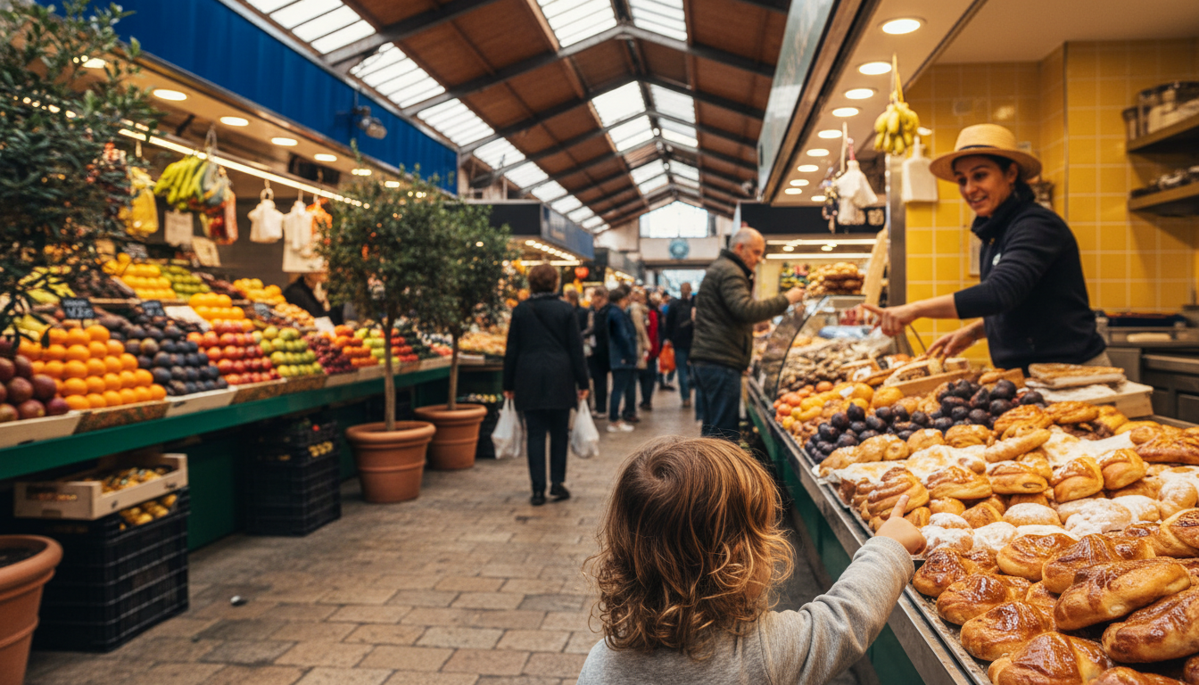 Morning scene at Mercat de Santa Catalina, colorful fruit stalls with pyramids of oranges and figs,