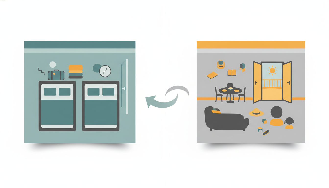 Split-screen style comparison showing a cramped hotel room with two double beds versus a spacious Ma