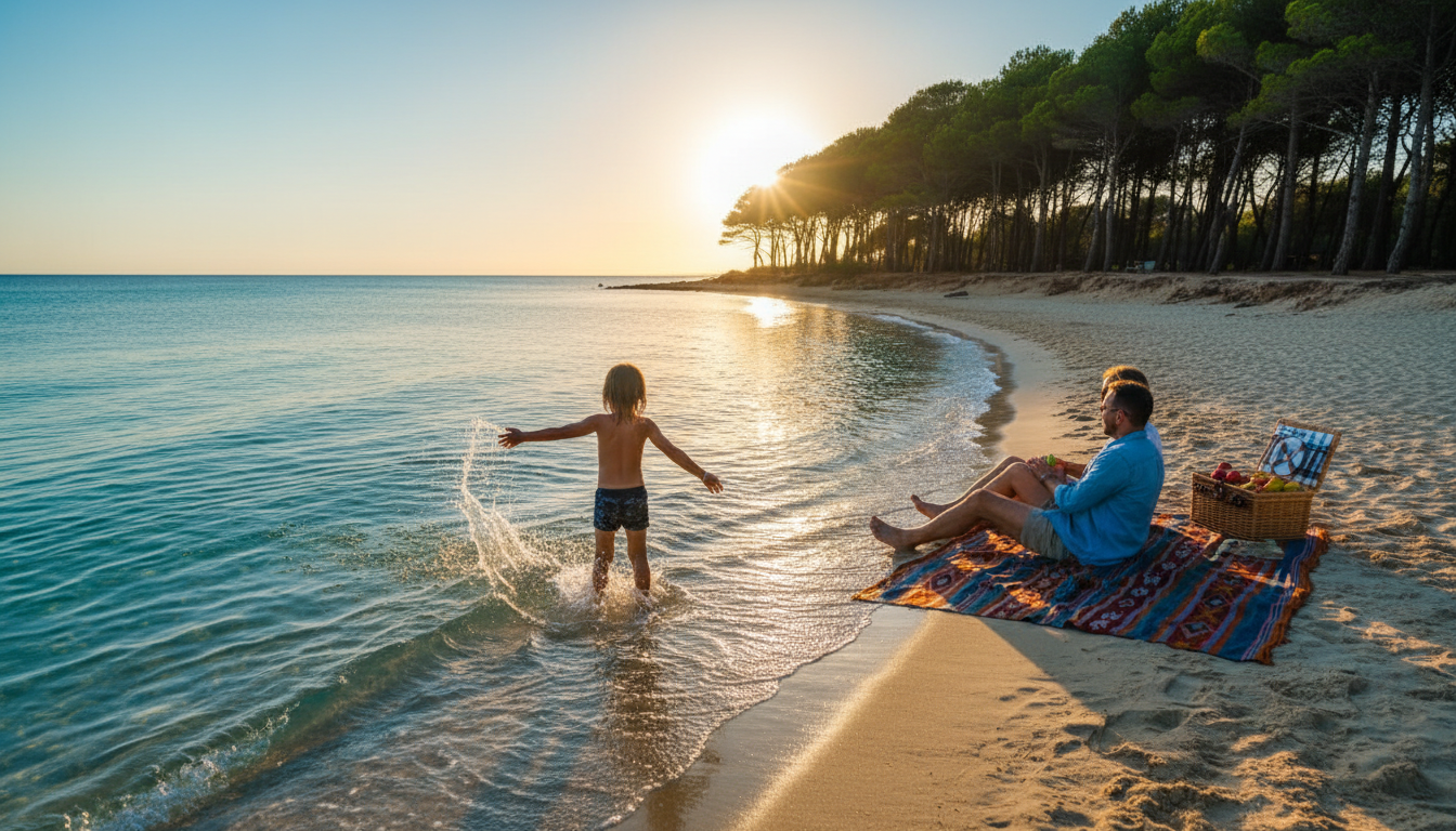 Family scene at Playa de Muro, crystal-clear turquoise water with a child playing at the shoreline,