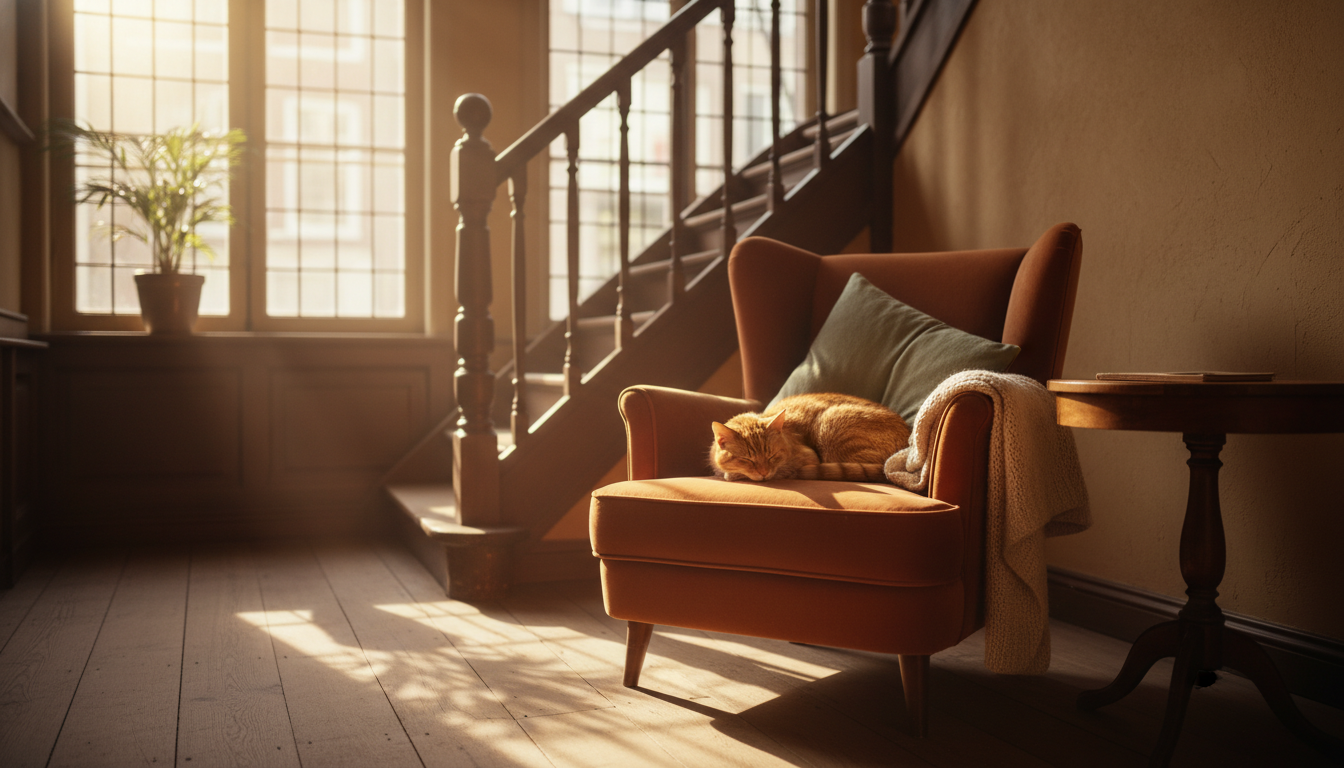 Morning light flooding through tall windows of a traditional Amsterdam canal house, with steep woode