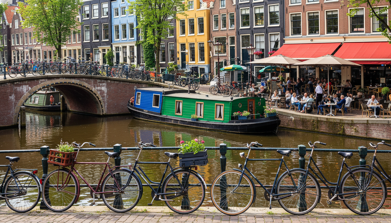 Charming Jordaan street scene with bicycles parked against a bridge railing, colorful houseboats in