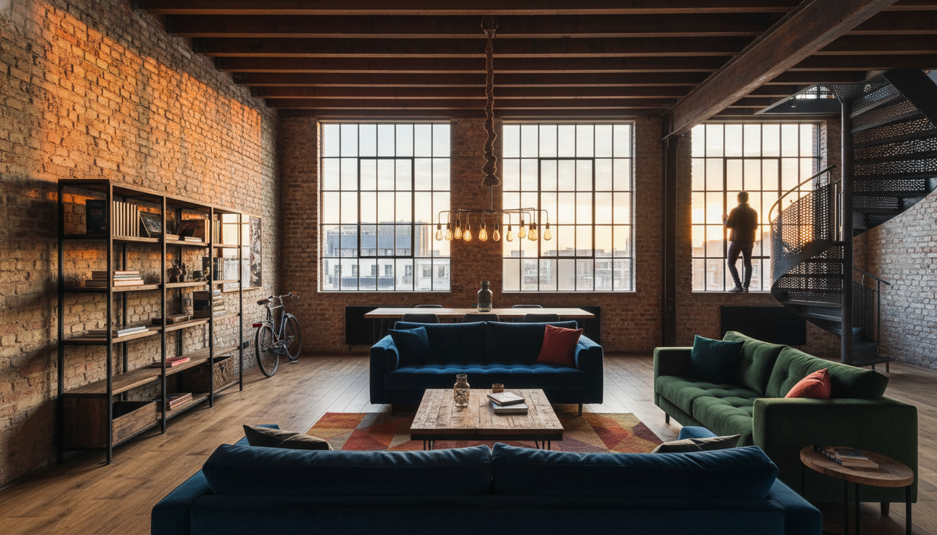 Industrial-chic interior of a converted warehouse apartment in Amsterdam-Noord, with exposed brick,
