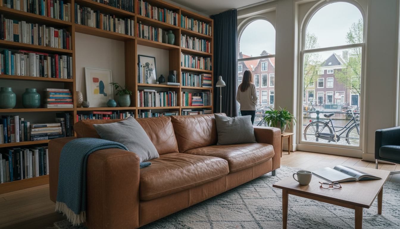 Cozy Dutch living room with built-in bookshelves, a worn leather sofa, and tall windows overlooking