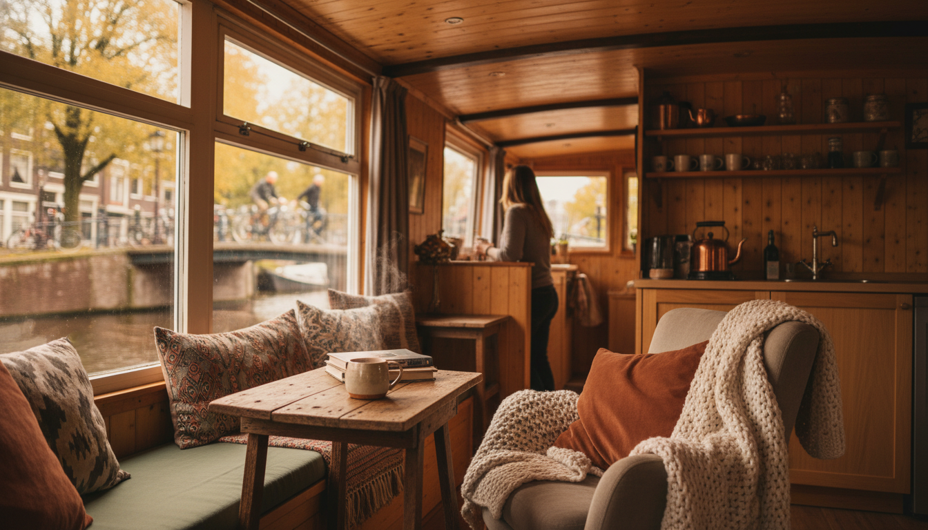 Interior of a cozy Amsterdam houseboat with wooden paneling, a small galley kitchen, and windows loo