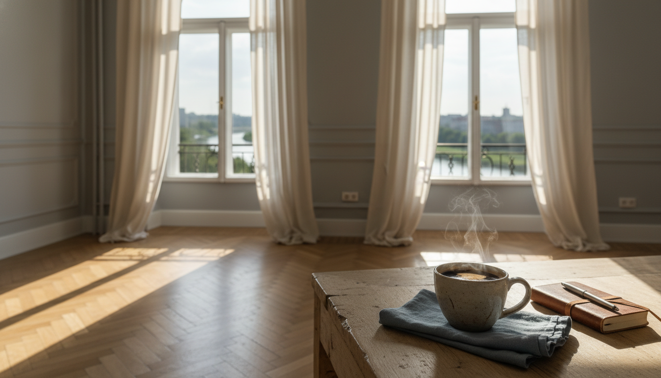 Morning light streaming through tall windows of a pre-war Warsaw apartment, with a steaming cup of c