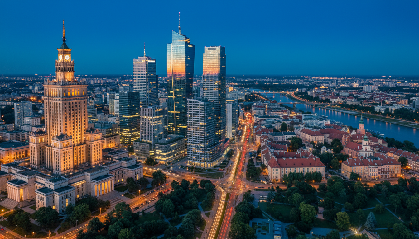 Aerial view of Warsaws skyline at dusk showing the contrast between the Palace of Culture, modern gl