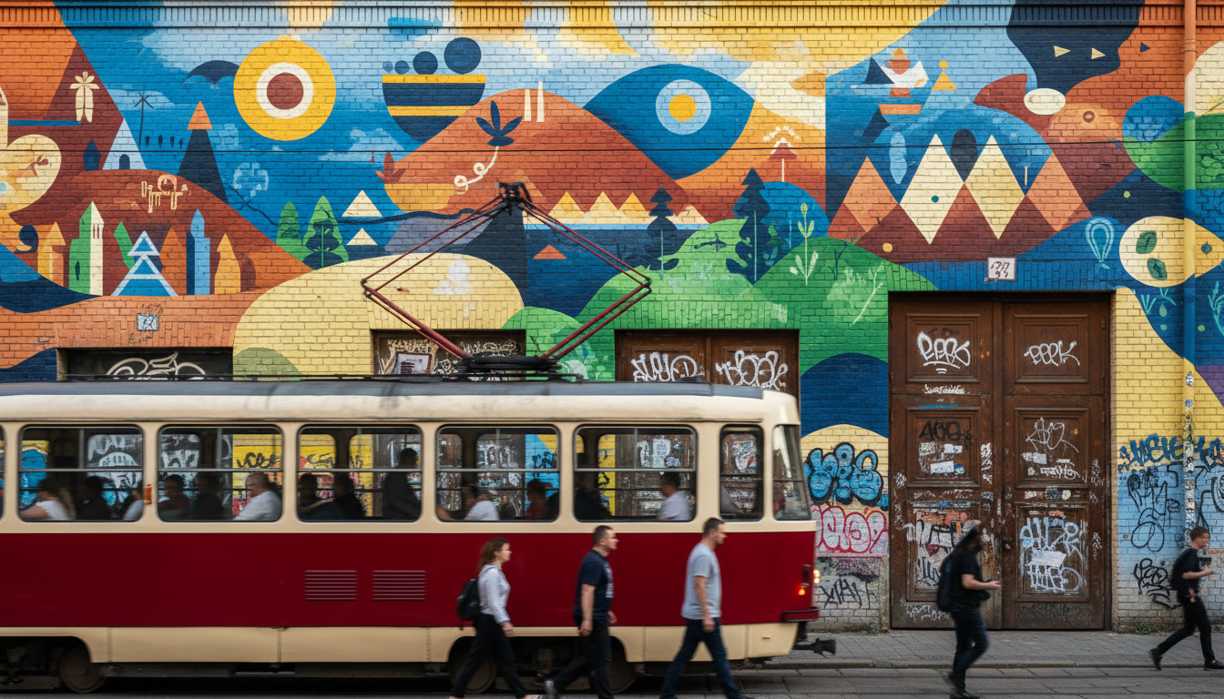 Colorful street art mural covering an entire building wall in Praga, with a vintage tram passing in
