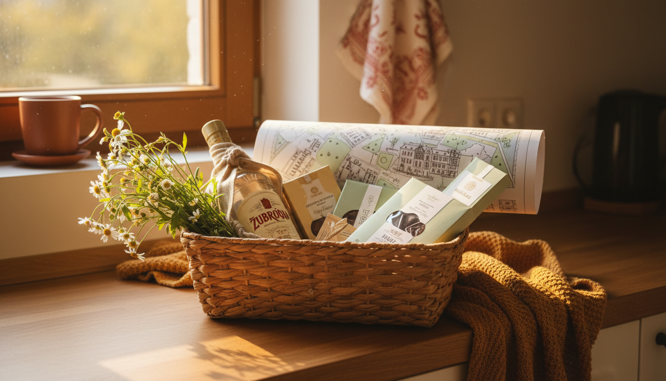 A welcome basket on a kitchen counter containing Polish specialtiesubrwka vodka, local chocolates, a
