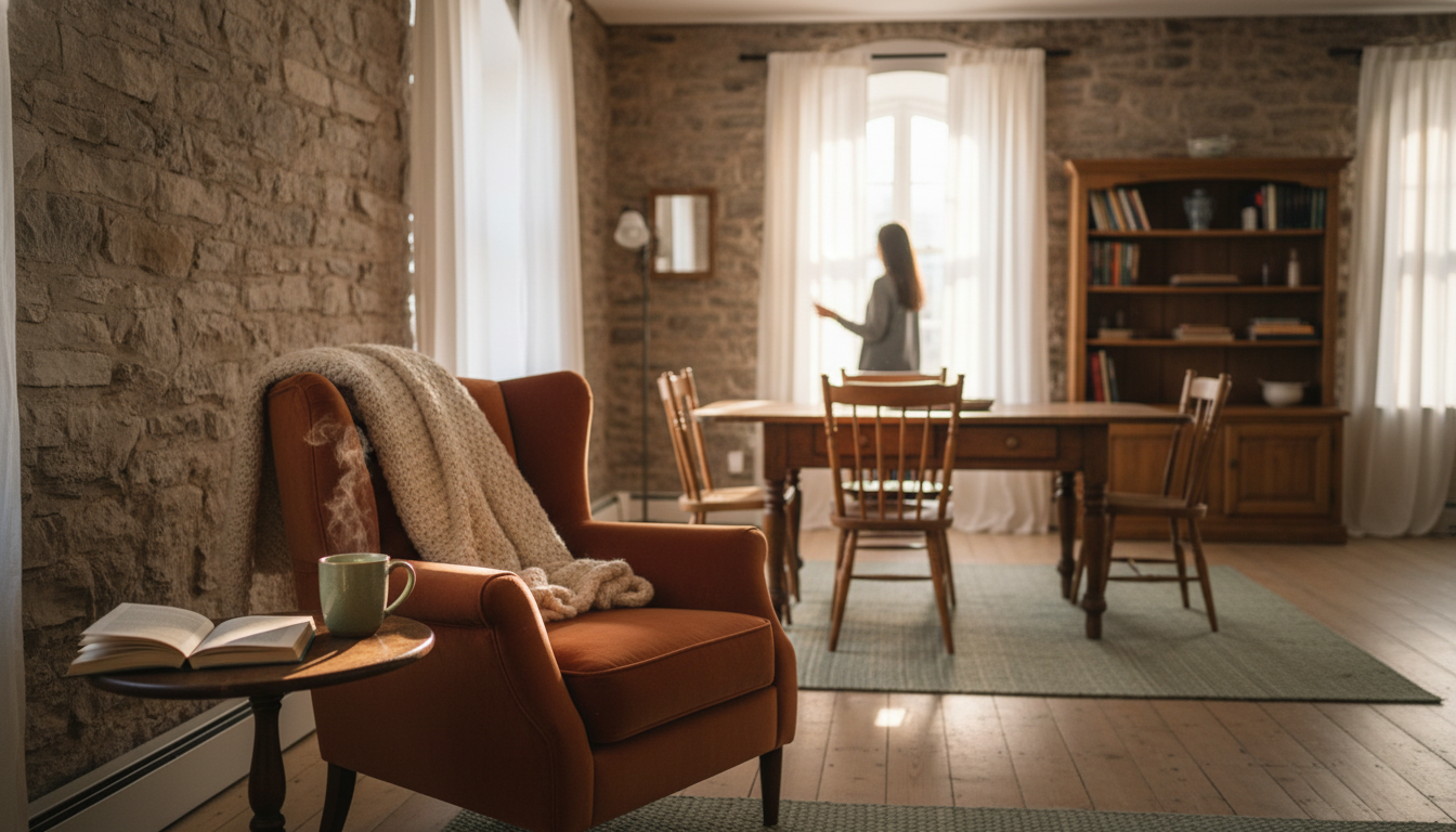 Interior of a historic Quebec City apartment with exposed stone walls, antique wooden furniture, tal