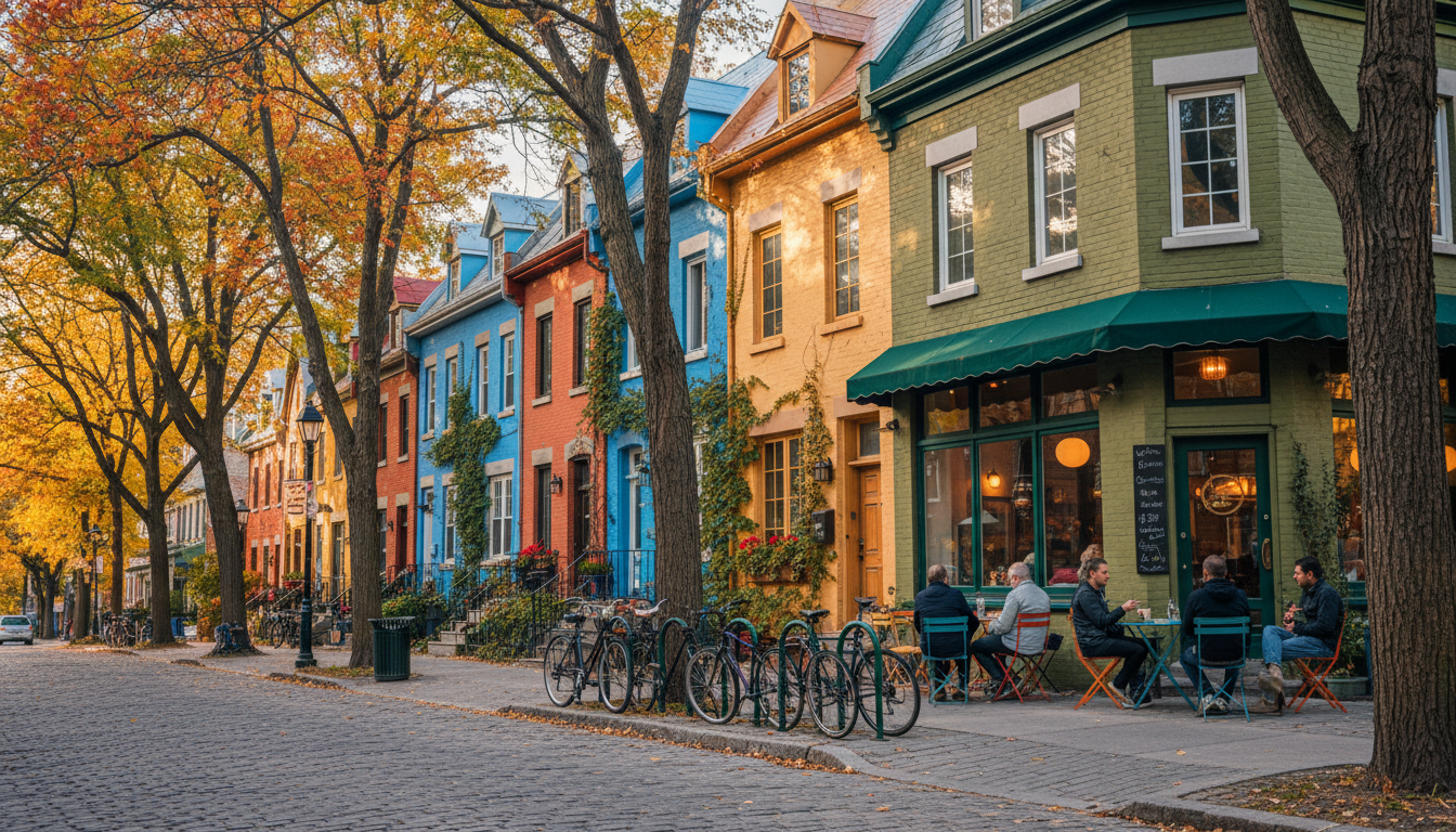 Colorful row houses on a tree-lined street in Limoilou, Quebec City, bicycles parked outside, local