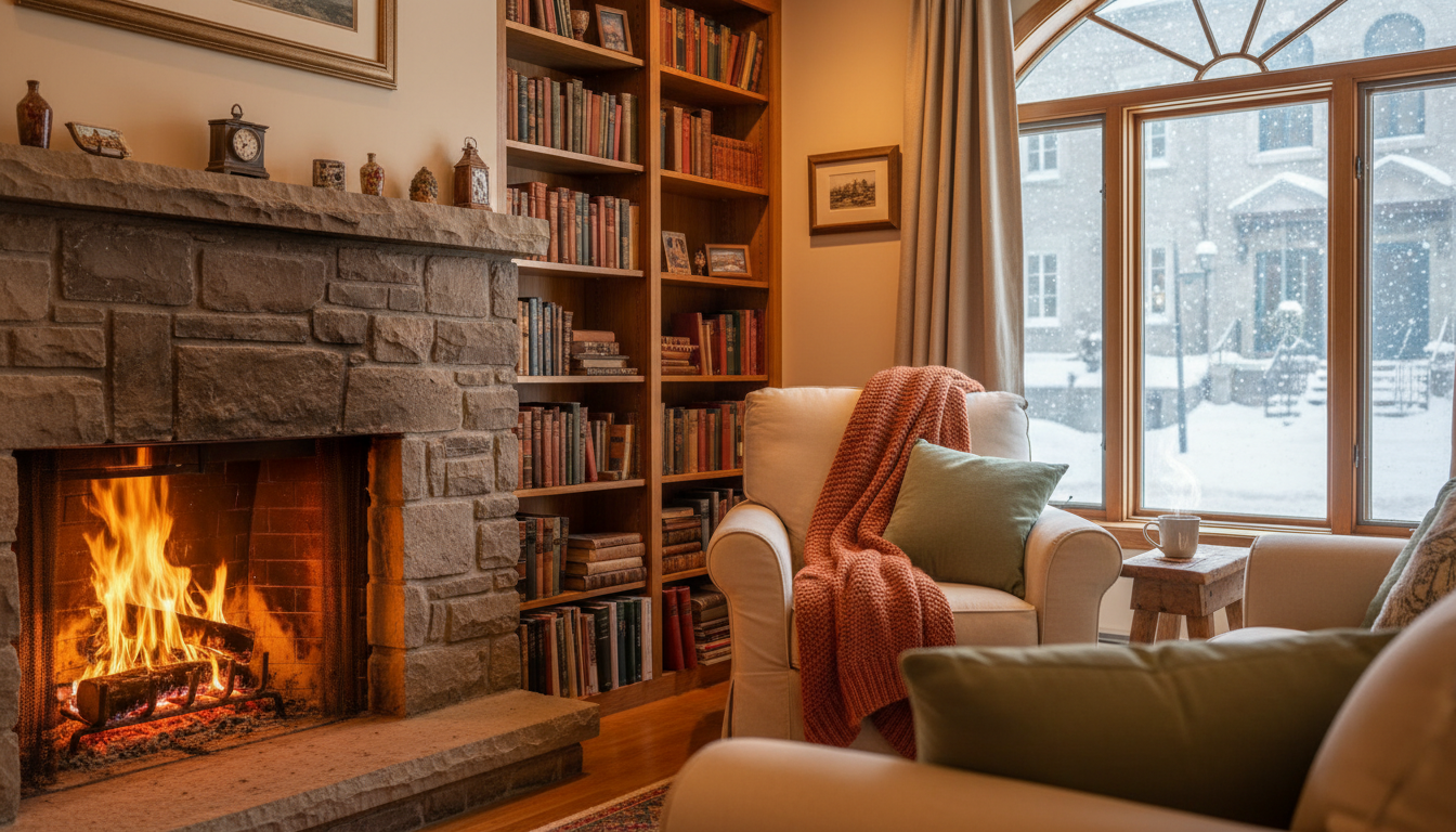 Cozy living room in a Quebec City home exchange property, fireplace lit, books on shelves, snow visi
