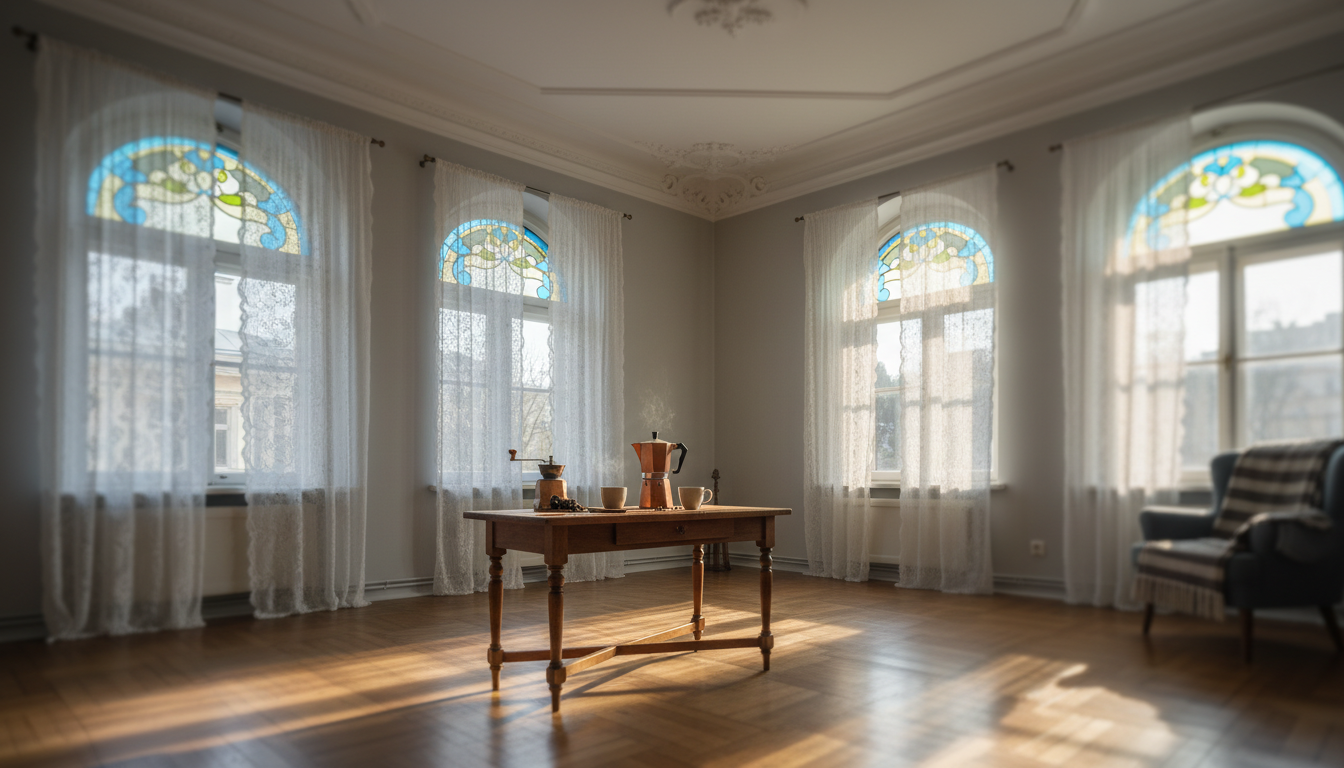 Morning light streaming through Art Nouveau windows in a Riga apartment, with a vintage coffee setup
