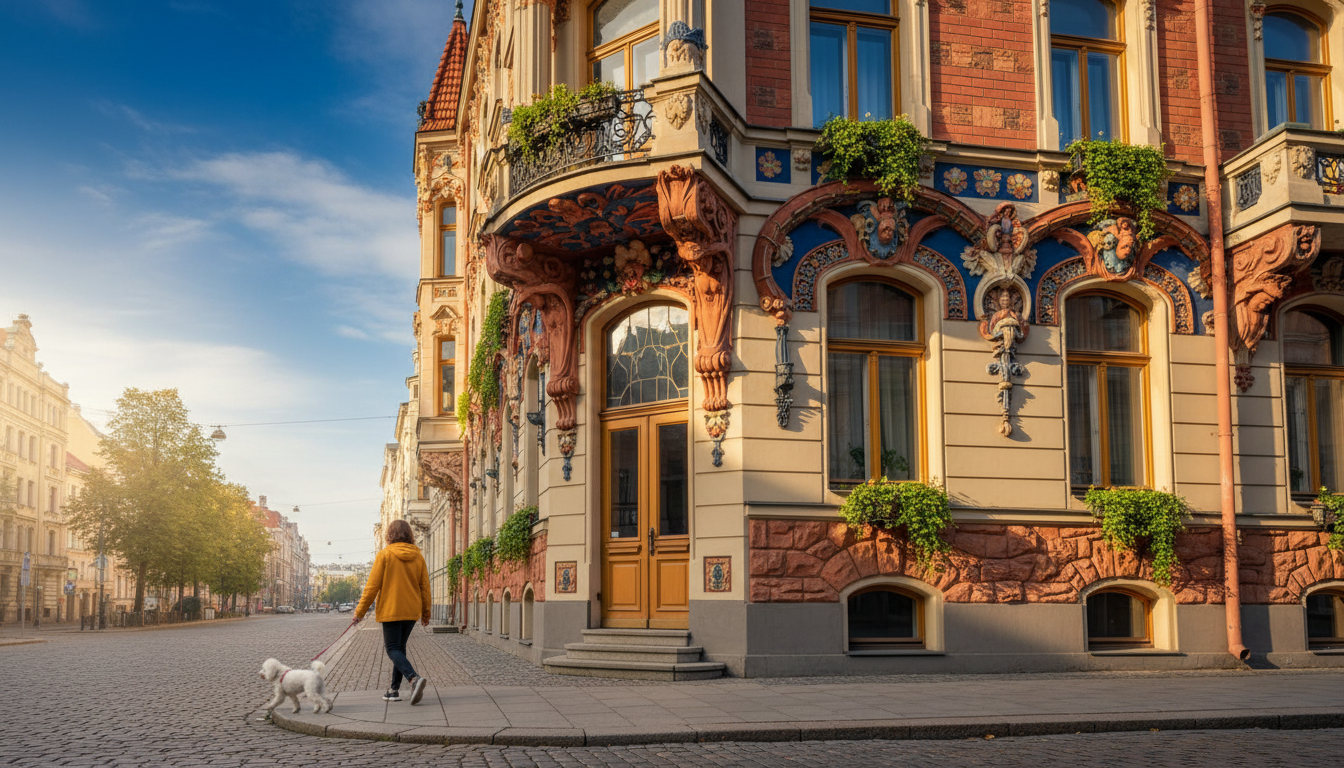 Ornate Art Nouveau building facade on Alberta Street with elaborate sculptural details, morning shad