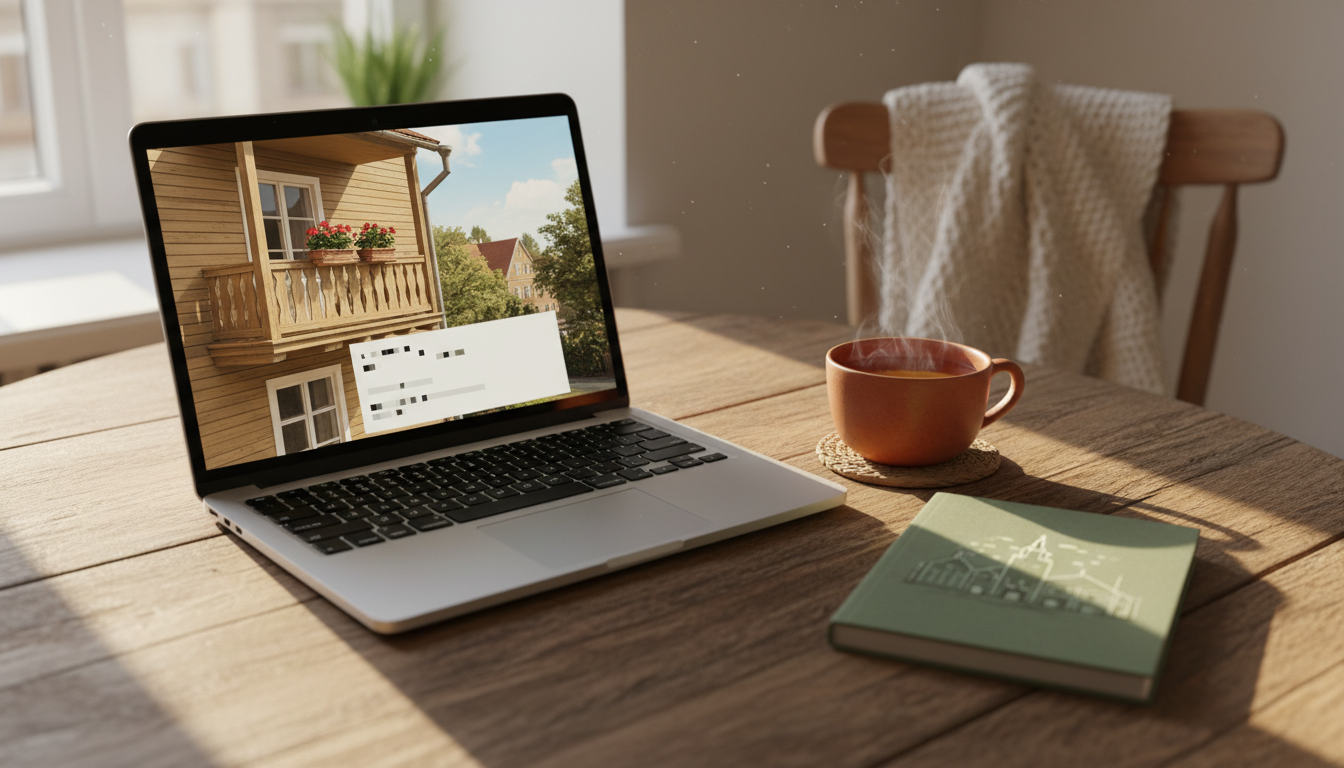 Laptop open on a wooden table showing a home swap listing, with a cup of tea and a Riga guidebook ne