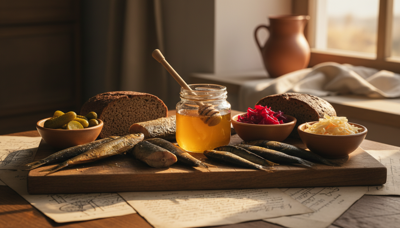 Traditional Latvian ingredients spread on a wooden cutting boarddark rye bread, smoked fish, pickled