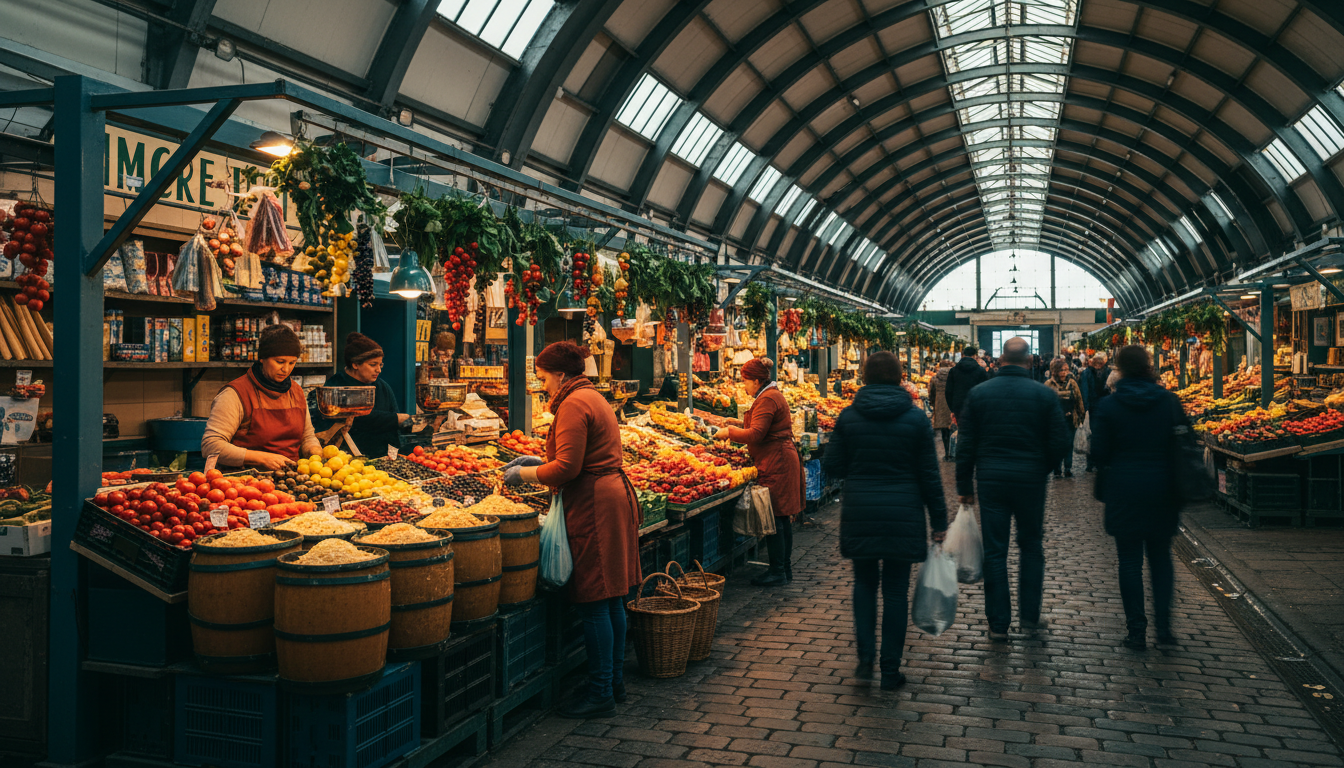 Riga Central Market interior showing colorful produce stalls, vendors, and shoppers, with the distin