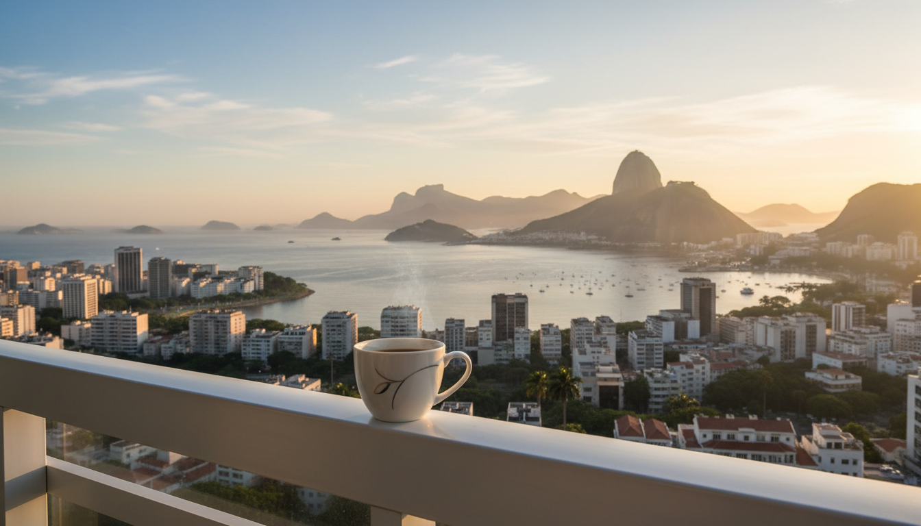 Early morning view of Sugarloaf Mountain from a residential apartment balcony in Botafogo, with coff