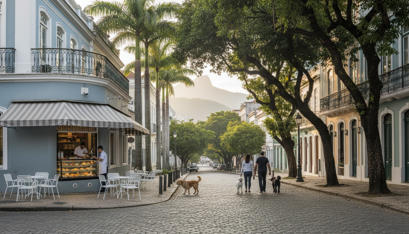 Tree-lined street in Laranjeiras neighborhood with colonial-era buildings, locals walking dogs, and