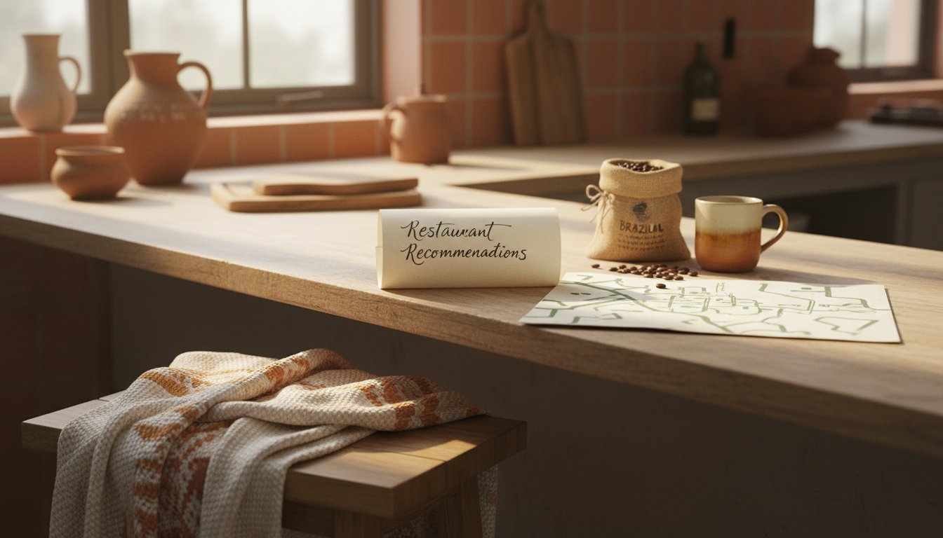 Handwritten note on a kitchen counter with local restaurant recommendations, a hand-drawn map, and a