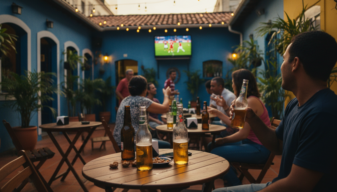 Lively neighborhood boteco at dusk with locals gathered around small tables, cold beers sweating in