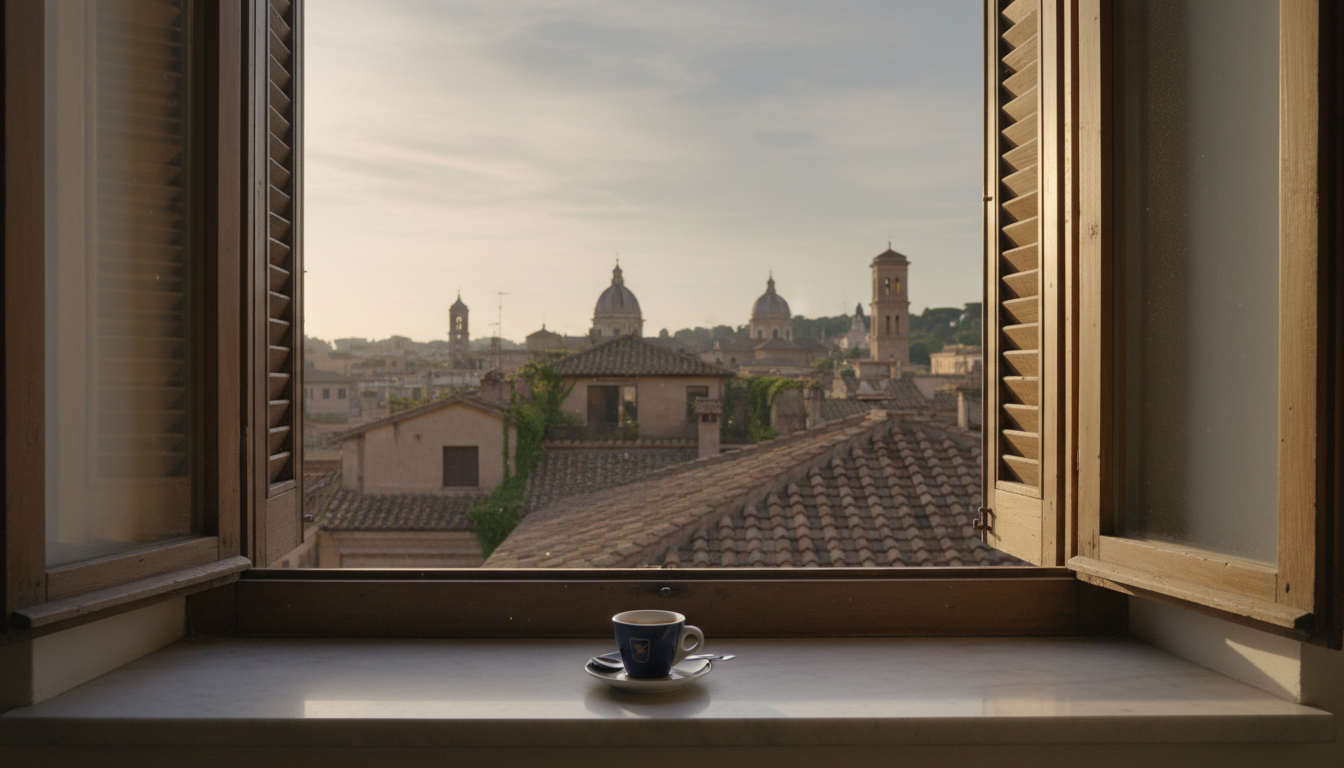 Morning light streaming through wooden shutters in a traditional Roman apartment, espresso cup on a