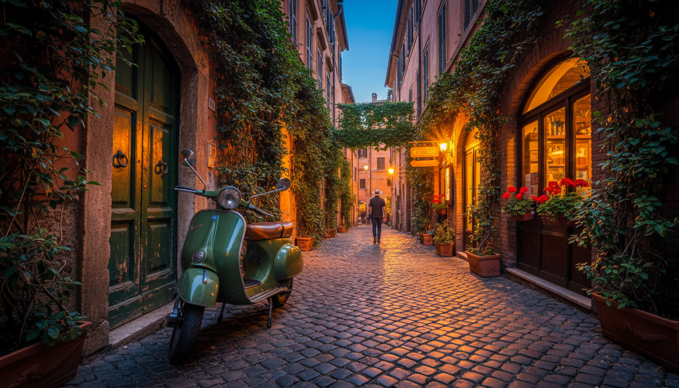 Cobblestone alley in Trastevere at golden hour, ivy-covered walls, a Vespa parked beside a weathered