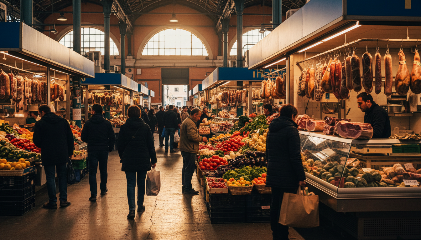 Interior of Mercato di Testaccio, vendors arranging fresh vegetables and cured meats, morning shoppe