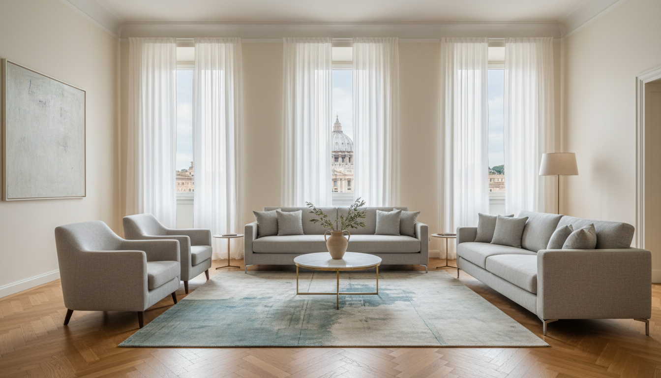 Elegant Prati living room with high ceilings, herringbone parquet floors, tall windows with sheer cu